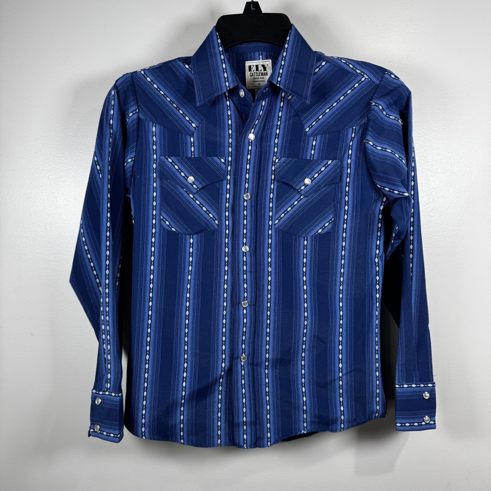 Ely Cattleman Boys M Blue Striped Western Pearl Snap Shirt Cowboy Core Rodeo